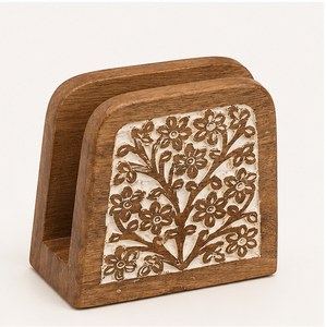 Premium Handcrafted Wooden Napkin <b>Holder</b> With White Floral Inlay Design Rustic Mango Wood <b>Tissue</b> Stand For Dining Table <b>Kitchen</b> - Product Image 3