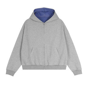 Sudadera con capucha lisa de diseño americano, corte holgado, con empalmes de rejilla cuadrada, forro, 390 GSM, poliéster y algodón, hombro caído y cierre de cremallera - Product Image 1