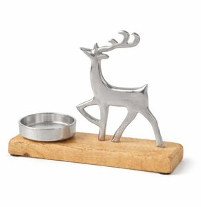 Luxury Silver Metal Reindeer Candle <b>Holder</b> With Natural Wooden Base Modern Christmas <b>Tealight</b> <b>Holder</b> & Festive Table Centerpiece - Product Image 5