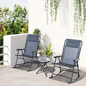 Set Bistrot a Dondolo da Esterno in 3 Pezzi, Grigio, con Sedia Pieghevole e Tavolino in Vetro per Giardino, Patio, Terrazza - Product Image 2