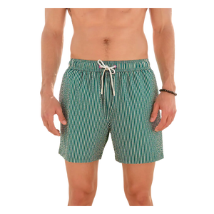 Short de plage rayé vert pour homme, taille mi-haute, avec cordon de serrage, respirant, en coton tissé, avec poches - Product Image 2