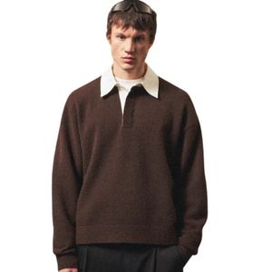 Men Knit Turn Down Sweater <b>Brown</b> Contrast Collar Long Sleeve Pullover Casual Winter Top Soft Cotton Blend OEM - Product Image 3