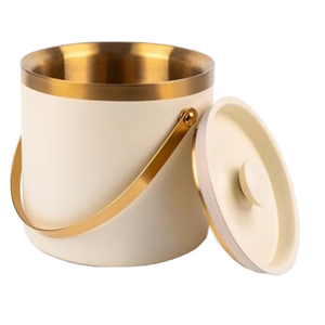 Elegant Round Ice <b>Bucket</b> <b>With</b> <b>Lid</b> Metal Double Wall Party Beverage Cooler Gold Trim Beige Exterior - Product Image 1
