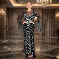 Robe de soirée noire et blanche à manches longues, en maille, longue, avec superposition, pour soirée formelle