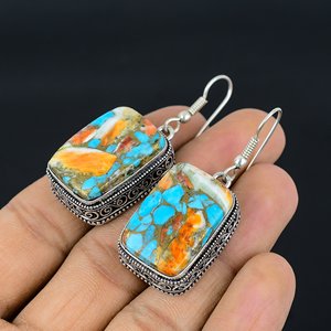 Turquoise Spiny Oyster Dangle Drop <b>Earrings</b> Vintage Bohemian Alloy Overlay <b>Hook</b> <b>Earrings</b> Beautiful Party Wear End Gifted Pair - Product Image 3
