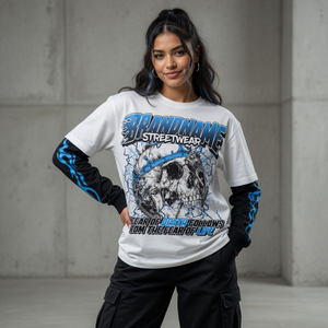 เสื้อยืดสตรีทแวร์พรีเมียมสั่งทำพิเศษ ทรงโอเวอร์ไซส์ ลายกราฟิก Y2K แขนสองชั้น พิมพ์ลายหัวกะโหลก สไตล์วินเทจ ผู้ผลิตเสื้อผ้าแบรนด์ส่วนตัว - Product Image 4
