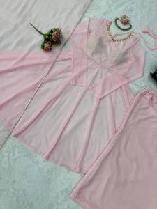 Robe Anarkali rose avec ensemble dupatta en georgette et fausse fourrure, tenue ethnique pour mariage et fête, pour femmes - Product Image 5