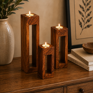Portavelas de Madera |   Candelabro Artesanal |   Portavelas Decorativo para Velas de Té |   Centro de Mesa Rústico |   Habitación de Hotel - Product Image 2