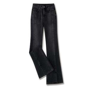 High Waist Flare Leg Stonewashed <b>Blue</b> Denim Pants With Frayed Edges Regular Fit Full Length Casual Style Cotton <b>Material</b> - Product Image 4