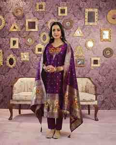 Purple Silk <b>Kurta</b> Pant Dupatta Set With Hand Drawn Embroidery Traditional <b>Indian</b> Ethnic Wear For Women Regular Fit Ankle Length - Product Image 1