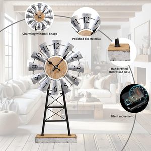 Rustic Windmill <b>Table</b> <b>Clock</b> Farmhouse Metal Wood Desk <b>Clock</b> Silent Quartz Analog Non Ticking Decorative Timepiece - Product Image 4