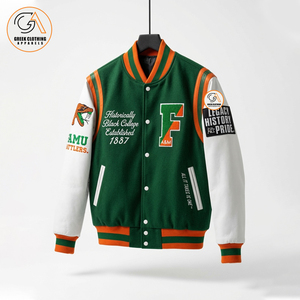 FAMU Custom Wholesale Unisex Green Orange Fleece Hooded Breathable Eco-Friendly Winter Varsity <b>Jacket</b> Vintage Embroidery - Product Image 1