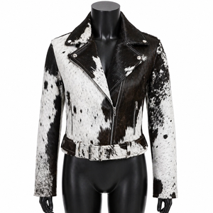 Veste de moto pour homme personnalisée en cuir véritable noir et blanc à imprimé animal, imperméable, respirante, coupe-vent, col rabattu, fermeture éclair - Product Image 1
