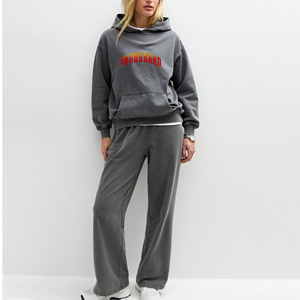 Hot Selling 100% Cotton 400 GSM Heavyweight Oversize Tracksuit Custom Printed Logo Wide Leg <b>Flared</b> <b>Sweatpants</b> and Hoodie Set - Product Image 3