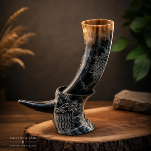 Jarra de cuerno para beber Fenrir Wolf con soporte, grabada con diseño vikingo, hecha a mano por B H Brothers. - Product Image 3
