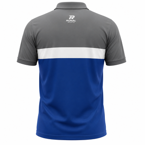 Polo Homme RONAL SPORTS à Blocs de Couleurs, Manches Courtes, Séchage Rapide, en Polyester Tricoté, Design Sportif, Logo Avant, Bleu Gris Blanc - Product Image 2