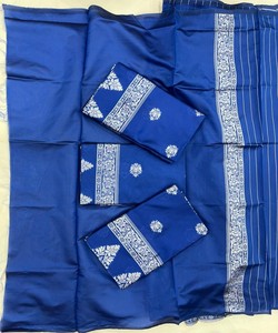 SAREE DE SEDA LICHI CON TRABAJO DE JACQUARD MÁS VENDIDO CON BLUSA SIN COSTURAR AZUL 84770 - Product Image 4