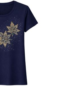 T-shirt en coton bleu marine personnalisé pour femme, imprimé floral en strass, décontracté, à manches courtes, haut tendance d'été, fabricant sur mesure OEM - Product Image 3