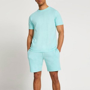 Conjunto de camiseta de cuello redondo y pantalones cortos de color sólido para hombre, transpirable, de punto, de algodón, informal, para verano, 100% algodón - Product Image 6