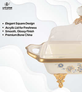 Plateau à bonbons avec couvercle transparent en forme de dôme et support doré, en porcelaine fine, de haute qualité, aspect moderne et luxueux - Product Image 3