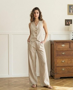 Gilet en lin sans manches pour femme, col en V, couleur unie, respirant, style minimaliste, toutes saisons, longueur normale, fermeture à boutons - Product Image 5