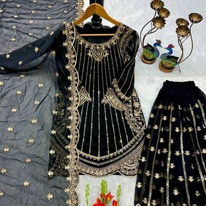 Conjunto de traje de diseñador de georgette pesado bordado, completamente cosido, con top, pantalón y dupatta. - Product Image 2