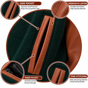 Chaqueta Varsity para Hombre en Verde y Marrón con Mangas de Cuero, Botones a Presión, Estilo Béisbol, Clásica Universitaria - Product Image 5