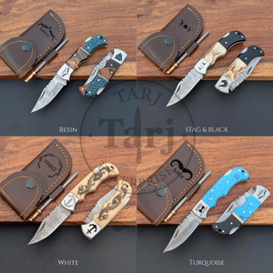 Couteau pliant de camping en acier Damas TARJ ENTERPRISES, manche turquoise, fait main, qualité industrielle OEM, 8 pouces, pointe tombante, garantie 3 ans - Product Image 5