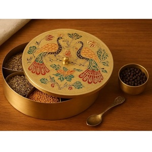 Indian Handmade Brass Masala Dabba Spice Container Set with Spoon Traditional Kitchen <b>Storage</b> Box Restaurant Hotel Wholesale - Product Image 6