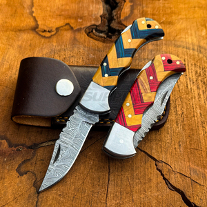 Couteau de chasse pliant EDC à pointe clip, en acier Damas personnalisé, avec manche en bois, système de verrouillage arrière, qualité industrielle OEM, pour activités de plein air - Product Image 1