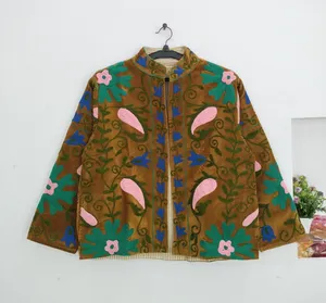 Chaqueta Boho Suzani Marrón Hecha a Mano con Bordado Floral Colorido, Abrigo de Manga Larga para Mujer, Otoño-Invierno - Product Image 2