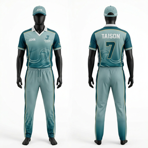 Tenue de cricket pour hommes, tissu polyester respirant de qualité supérieure 180 GSM, design à panneaux bleu marine et turquoise, logo personnalisé par sublimation - Product Image 4