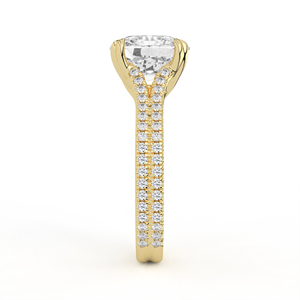 Bague de fiançailles en or jaune 14K 18K avec diamant de laboratoire taille coussin et saphir bleu dissimulé, à monture galerie entrelacée et anneau fendu - Product Image 5