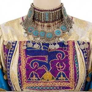 Beige Silk <b>Blue</b> And Gold Embroidery Floor Length Loose Fit Women Traditional Indian Pakistani Wedding Wear Afghan Kuchi Dresses - Product Image 5