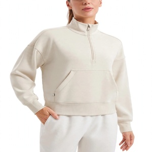 Sweat-shirt court en polaire épais pour femme, demi-zip, coupe oversize, épaules tombantes, col montant, avec poches, style streetwear décontracté - Product Image 1