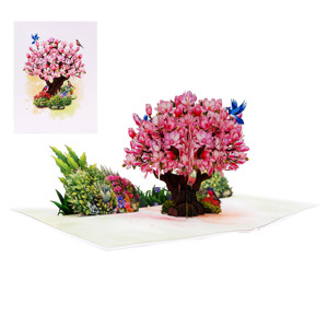 Carte de vœux pop-up 3D Saint-Valentin avec arbres de magnolia romantiques, gaufrage et impression dorée - Product Image 1