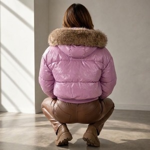 Veste matelassée en cuir de mouton pour femme avec fourrure de renard |   Manteau d'hiver - Motif à carreaux - Fermeture éclair - Design fin - Cadeau de luxe pour elle - Product Image 2