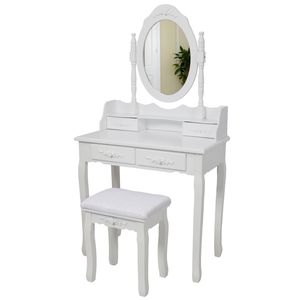 Tocador de Maquillaje de Madera Blanco Princesa con 4 Cajones, Taburete Acolchado y Espejo para Dormitorio de Niñas - Product Image 2