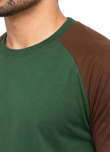 เสื้อยืดคอกลมแขนราแกลนสีเขียวน้ำตาลสำหรับผู้ชาย ทรงปกติ สวมใส่สบาย สีพื้น ผ้าถัก 100% คอตตอน แต่งขอบตัดกัน เป็นมิตรกับสิ่งแวดล้อม - Product Image 3