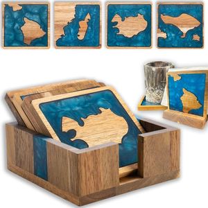 Handmade Wood Resin <b>Coasters</b> With State Maps Blue Inlay Custom Shape Mats <b>For</b> <b>Drink</b> Protection - Product Image 1