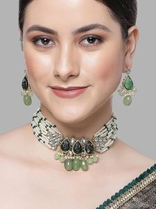 Conjunto de Joyería Clásica Estilo Bollywood para Compromiso y Boda, con Turquesa y Cuentas Kundan, Collar, Pendientes y Maang Tikka, Diseño Artesanal para Novias - Product Image 2