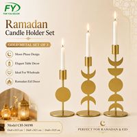 Ensemble de 3 bougeoirs en métal doré pour Ramadan, motif phases de lune, pour centre de table de l'Aïd, vente en gros
