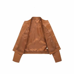 Women's Orignal Leather Jacket(<b>3</b> Colors) Biker Jacket with Zip Pockets Vintage Short Coat for Autumn Spring - Product Image 2