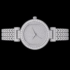 Montre de luxe pour femmes avec diamants, cadran rond de 36 mm, quartz analogique, verre cristal, acier inoxydable et bracelet en caoutchouc, fermoir papillon - Product Image 2