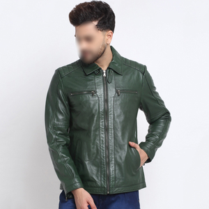 Chaqueta de Motociclista de Cuero Vacuno Verde para Hombre, Cuello Camisero, Cierre de Cremallera, Manga Regular, Estilo Biker Otoñal, Color Sólido, Corte Ajustado - Product Image 1