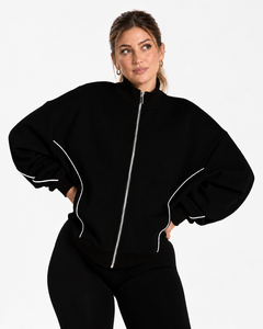 <b>Women's</b> Contrastline Full Zip Tracksuit Two Piece Casual Outfit Relaxed <b>Jacket</b> And Wide Leg Pants Matching Apparel Set Style - Product Image 3