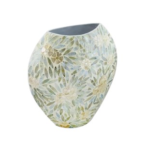 Vase de table en céramique fait main, forme irrégulière, finition brillante, design contemporain, incrustation nacre, décoration florale - Product Image 4