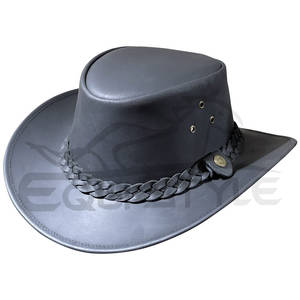 Sombrero de Vaquero de Cuero Negro con Correa Ajustable Trenzada, Estilo Australiano Occidental, Marca Privada, Sombreros de Vaquero al por Mayor - Product Image 1