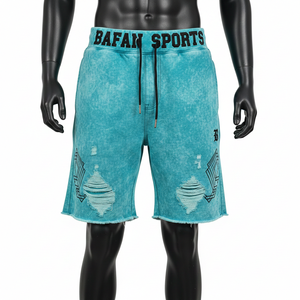 Shorts en molleton de coton premium 340 GSM, délavés à l'acide, couleur turquoise, avec empiècements brodés et logo imprimé, pour homme - Product Image 1