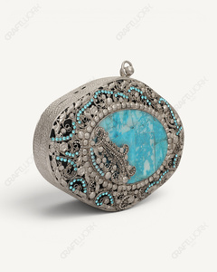 Natural Turquoise Gemstone <b>Clutch</b> | Handmade Silver Filigree Minaudiere | Luxury Bridal <b>Wedding</b> Evening Bag for Women Oval Purse - Product Image 2
